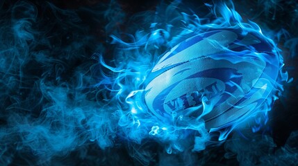 A striking image of a blue rugby ball engulfed in dynamic blue flames, capturing the intensity and action of the sport, with a touch of abstract and modern artistic style.