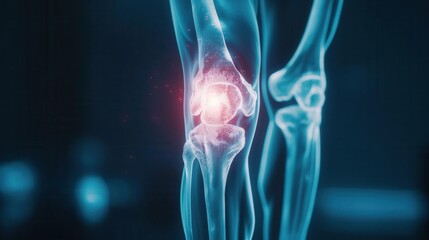 A stylized representation of a knee X-ray highlighting injury,