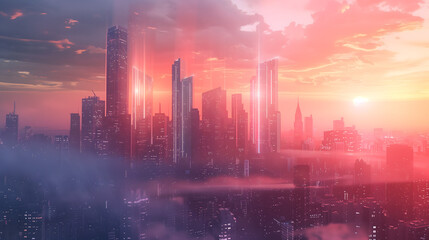 Futuristic urban landscape, downtown sunset, modern city night, towers and skyscrapers