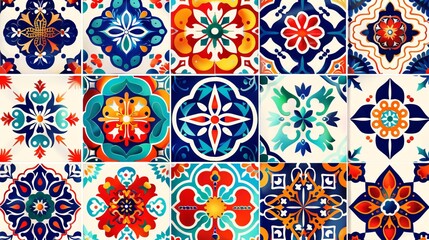 A vibrant collection of tiles featuring intricate geometric designs in bold colors, each tile presenting unique artistic patterns that contribute to a dynamic and lively aesthetic.