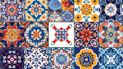 An engaging collection of diverse tile patterns showcasing vibrant colors and classic motifs, each with unique artistic details, providing a rich visual tapestry for interior decor.