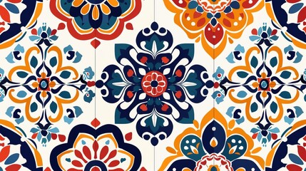 Fototapeta premium This image showcases a vibrant, colorful floral patterned tile with intricate geometric designs, featuring shades of red, blue, orange, and white creating a beautiful mosaic.