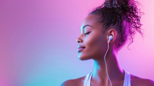 A young sporty woman with earphones listening to music in a gym setting, set against a vibrant backdrop background