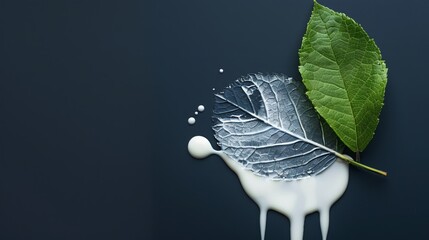 A detailed artistic image featuring two leaves with contrasting colors – one green and one painted silver – along with liquid drips, showcasing nature and creativity combined.