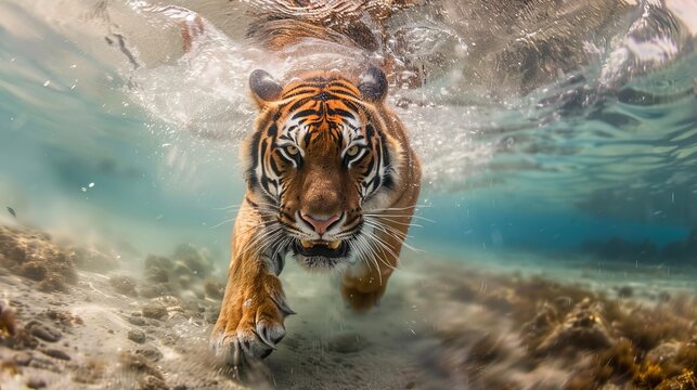 A tiger gracefully stalks underwater on a sandy bottom in clear water, emphasizing its adaptability and hunting prowess, beautifully captured in a serene underwater environment.