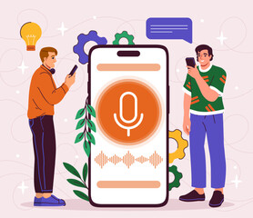 Voice search concept. Men with smartphones search for information on Internet. Virtual assistant and assistant, artificial intelligence. Application with voice recognition. Flat vector illustration