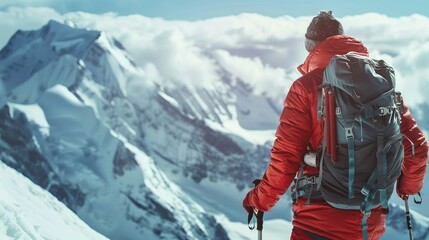 A hiker wearing a red jacket stands on a snow-covered mountain peak, gazing at breathtaking snow-capped mountain ranges under a cloudy sky during daytime.
