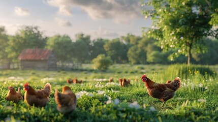 Chickens are grazing in a bright green meadow during the morning, with wildflowers blooming, a tree providing shade, and a small rustic building in the background.