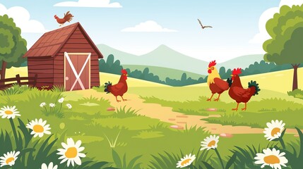 Colorful cartoon image of chickens, a barn, and daisies under a bright sunny sky, illustrating a cheerful and playful rural farm scenery in an animated style.