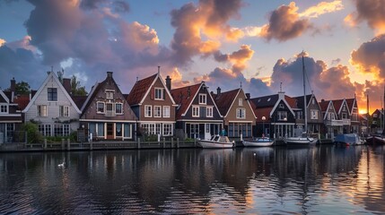 Obraz premium A picturesque view of charming village houses along a waterfront, illuminated by the warm hues of a stunning sunset reflecting off the calm waters.
