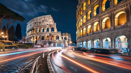 The Colosseum in Rome illuminated at night, featuring vibrant light trails from vehicles on the road and a beautiful night sky, capturing the city's vibrancy and history.