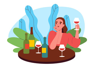 Woman trying alcohol. Young girl sits in cafe or restaurant with glass and bottles of wine. Visitor with alvoholic drink or beverage. Flat vector illustration isolated on white background