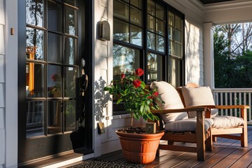 Panorama porch with two wooden armchairs, rose plant in a terracotta pot, black front door with glass panels, and lockbox near the windows, morning light illuminating the scene