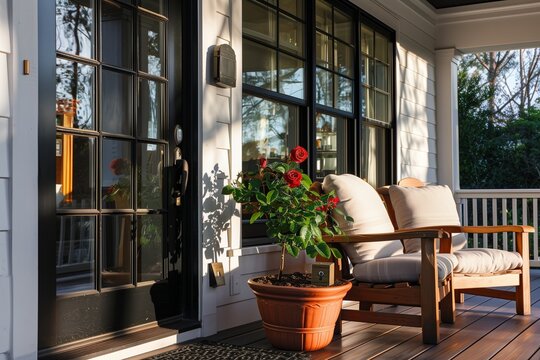 Panorama porch with two wooden armchairs, rose plant in a terracotta pot, black front door with glass panels, and lockbox near the windows, morning light illuminating the scene