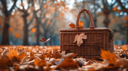 Wicker Picnic Basket on Leaf-Covered Ground in Autumnal Forest with Trees