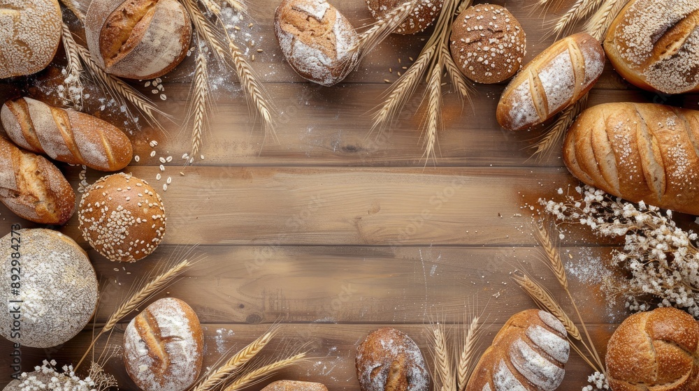 Poster creative arrangement of various types of bread and wheat spikelets on wooden surface concept of nutr