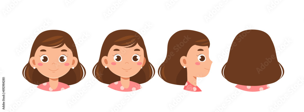 Poster set of girl heads. caucasian schoolgirl from different angles of view. pack of design elements for c