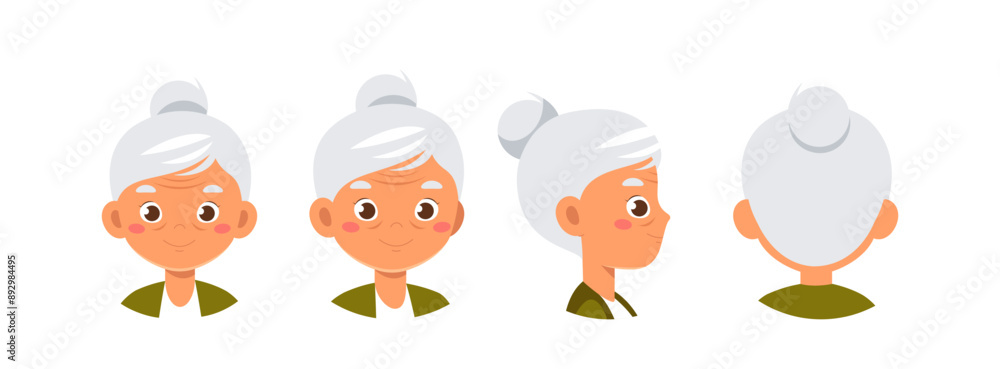 Poster set of old woman heads. face of pensioner from different angles of view. pack of design elements for
