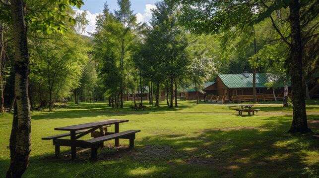 Landscape view of summer camp in the forest with log cabin buildings.