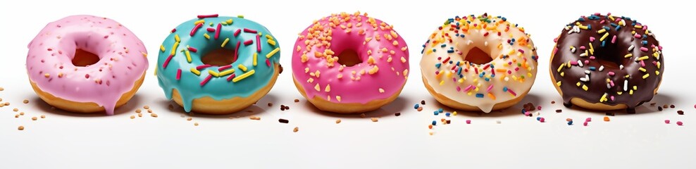  Assorted donuts with colorful sprinkles lined up in a row.