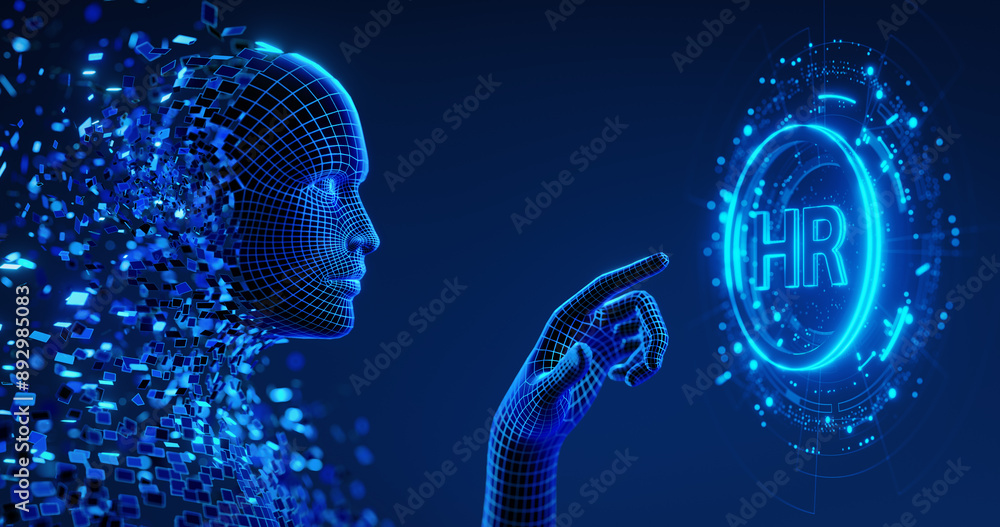 Poster human digital avatar as a symbol of ai presses a virtual button on screen with hr icon. human resour