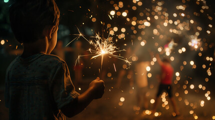 A group of Children playing with sparklers at night