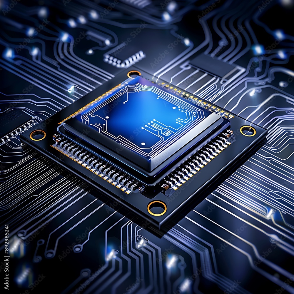 Poster macro image of a high-tech ai chip embedded in a sleek business card, intricate circuits, close-up, 