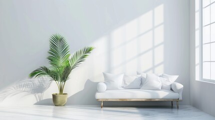 White room with a sofa, window, and green palm tree