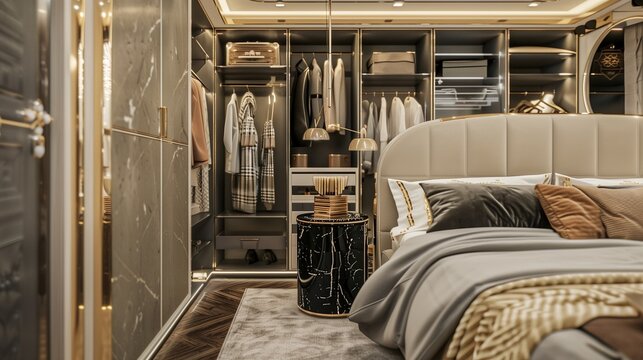 Elegant luxury bedroom with a walk-in closet, accented by a black marble side table and golden decor. The setting is opulent and stylish. - Powered by Adobe