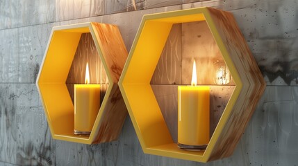 Elegant pentagon wall shelf with yellow candle holders, ideal for a contemporary bathroom