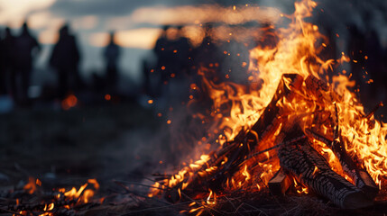 Close view of a bonfire with the silhouette of a group of people enjoying the sunset in the background
