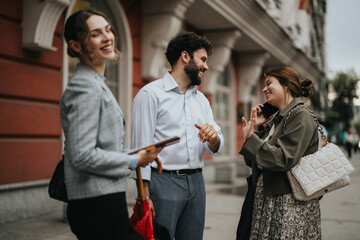 Group of businesspeople having a light-hearted conversation outdoors, showcasing teamwork and camaraderie in a relaxed atmosphere.