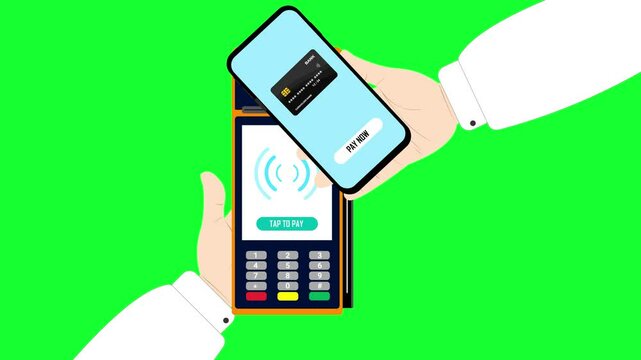 tap to pay animated edc machine non-cash payment edc nft machine payment tap handphone and bank card green screen 4k looping