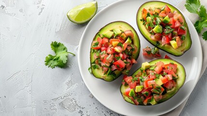 Halved avocados filled with diced tomatoes, cilantro, and lime on white plate