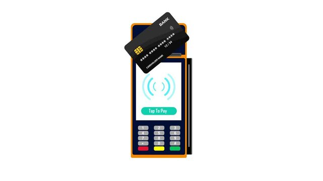 tap to pay animated edc machine non-cash payment edc nft machine payment tap handphone and bank card green screen 4k looping