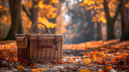 Picnic Basket Amidst Golden Autumn Leaves in a Sunlit Forest Path
