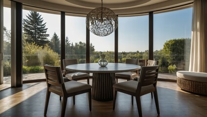 Obraz premium Bright dining area with a round table, four chairs, and a large window.