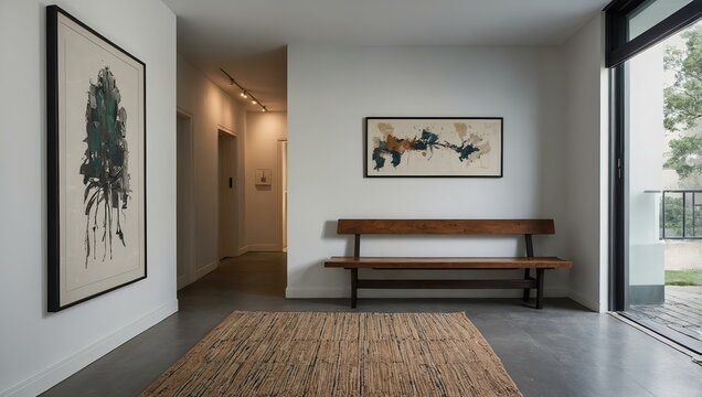 Clean and minimalist hallway with a bench, portraits on the white wall and a small rug.