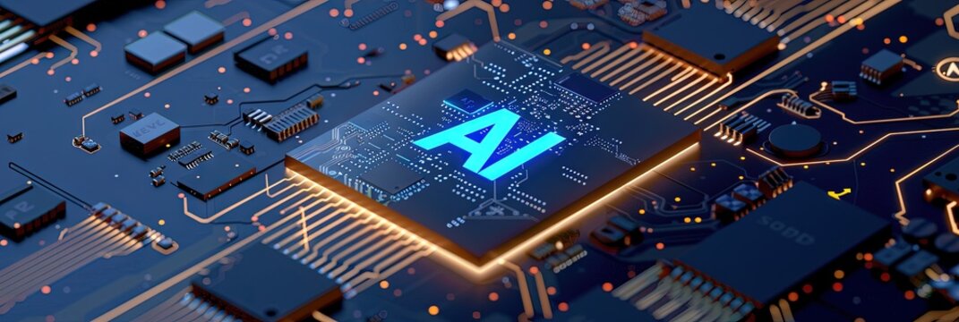 computer chip with "AI" text, motherboard