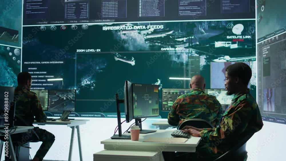 Poster high tech military office with soldiers analyzing real time data, processing intelligence informatio