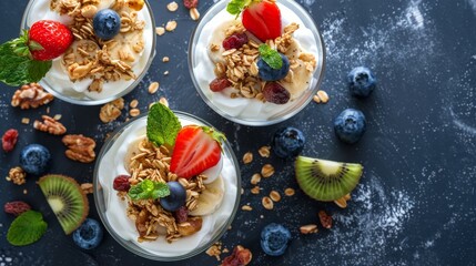 Homemade granola with nuts and raisins, kiwi, blueberries, banana, strawberries and plain yogurt. Top view. Concept of healthy lifestyle, dieting, healthy eating and breakfast.