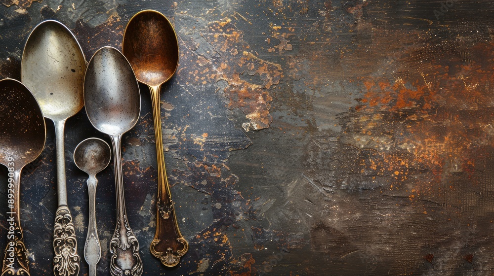 Poster vintage spoons on table from above with space for text