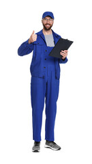Professional auto mechanic with clipboard showing thumbs up on white background