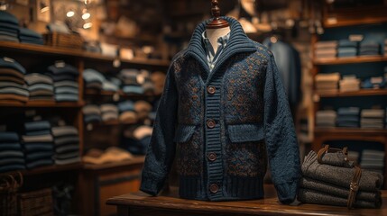Obraz premium Cozy Winter Knitwear Display in a Vintage Retail Clothing Boutique