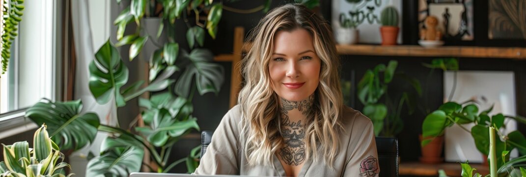 Young Generation Z entrepreneur working on laptop in home office - tattooed professional
