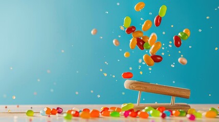 Colorful jelly beans being launched into air with blue background