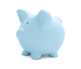 Light blue piggy bank isolated on white