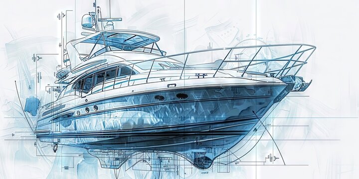 Engineering blueprint overlay on yacht