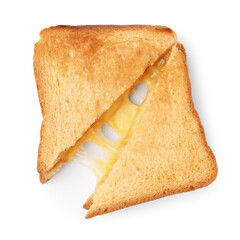 Pieces of toasted bread with melted cheese isolated on white, top view