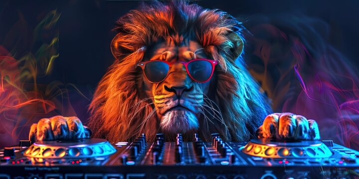Male lion DJ on the turntables - colorful modern animation style